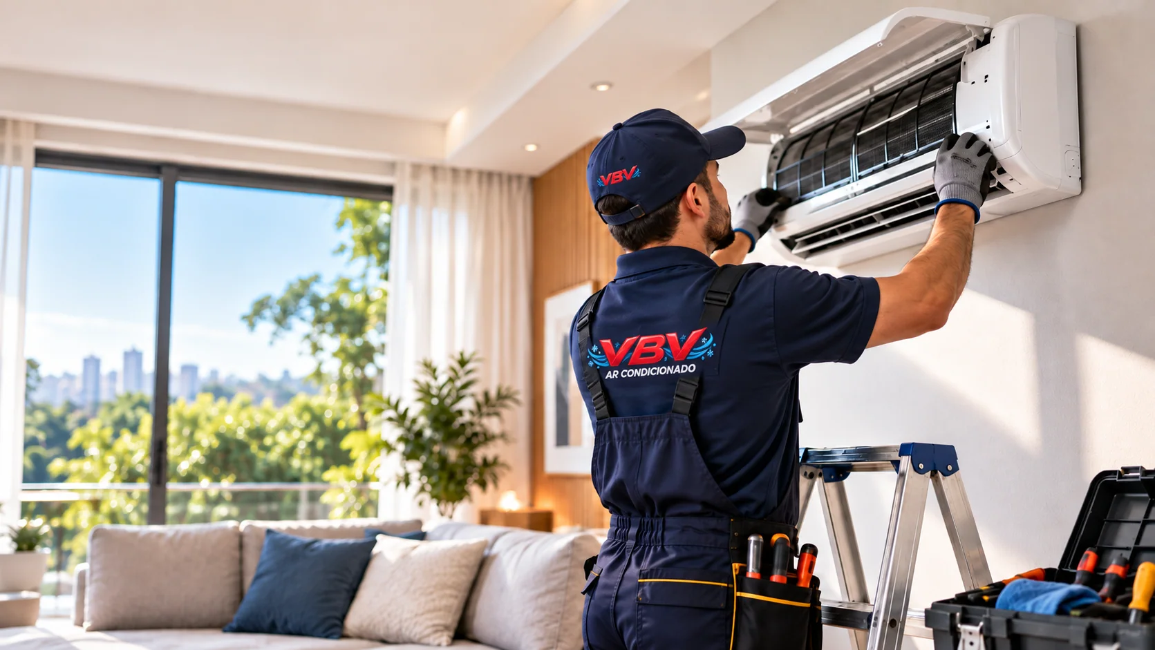 Imagem ilustrativa de técnico com uniforme VBV inspecionando ar-condicionado split em uma residência