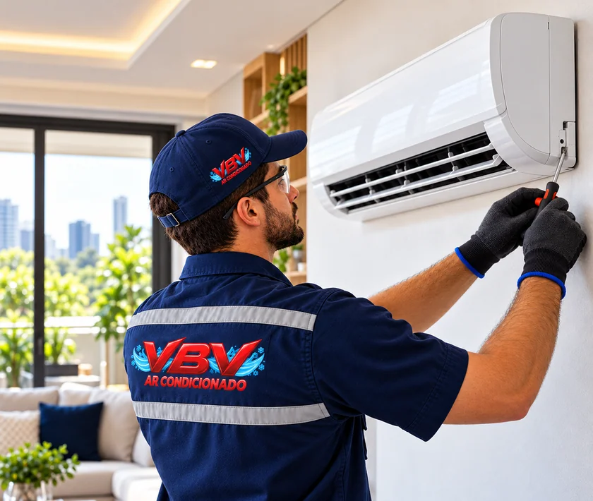 Imagem ilustrativa de técnico com uniforme VBV instalando ar-condicionado split